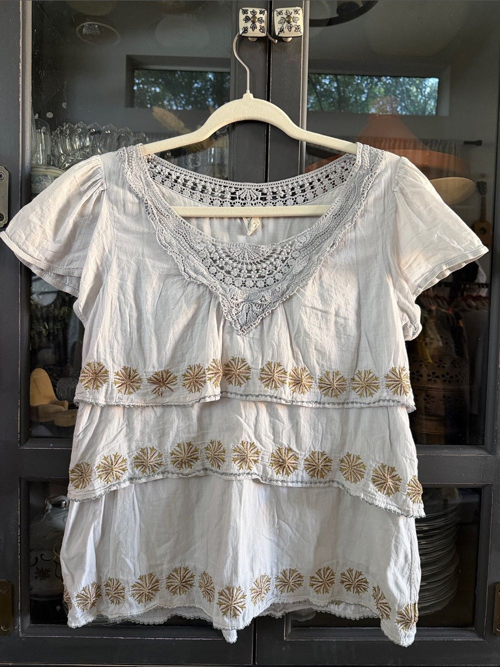 Floreat Womens Gray Embroidered Tiered Top Size 4 Short Sleeve Boho Casual